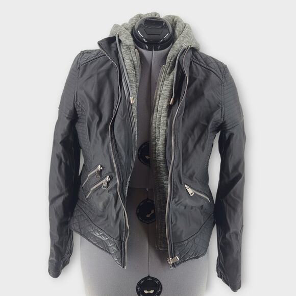 YMI jacket Women's L Gray Moto Zippered Pockets Hooded Full-Zip Cropped Biker - Picture 1 of 6